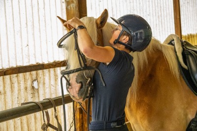Peter Reich und Dr. Hans-Jörg Zöllner sehen beim Training der Haflinger zu
